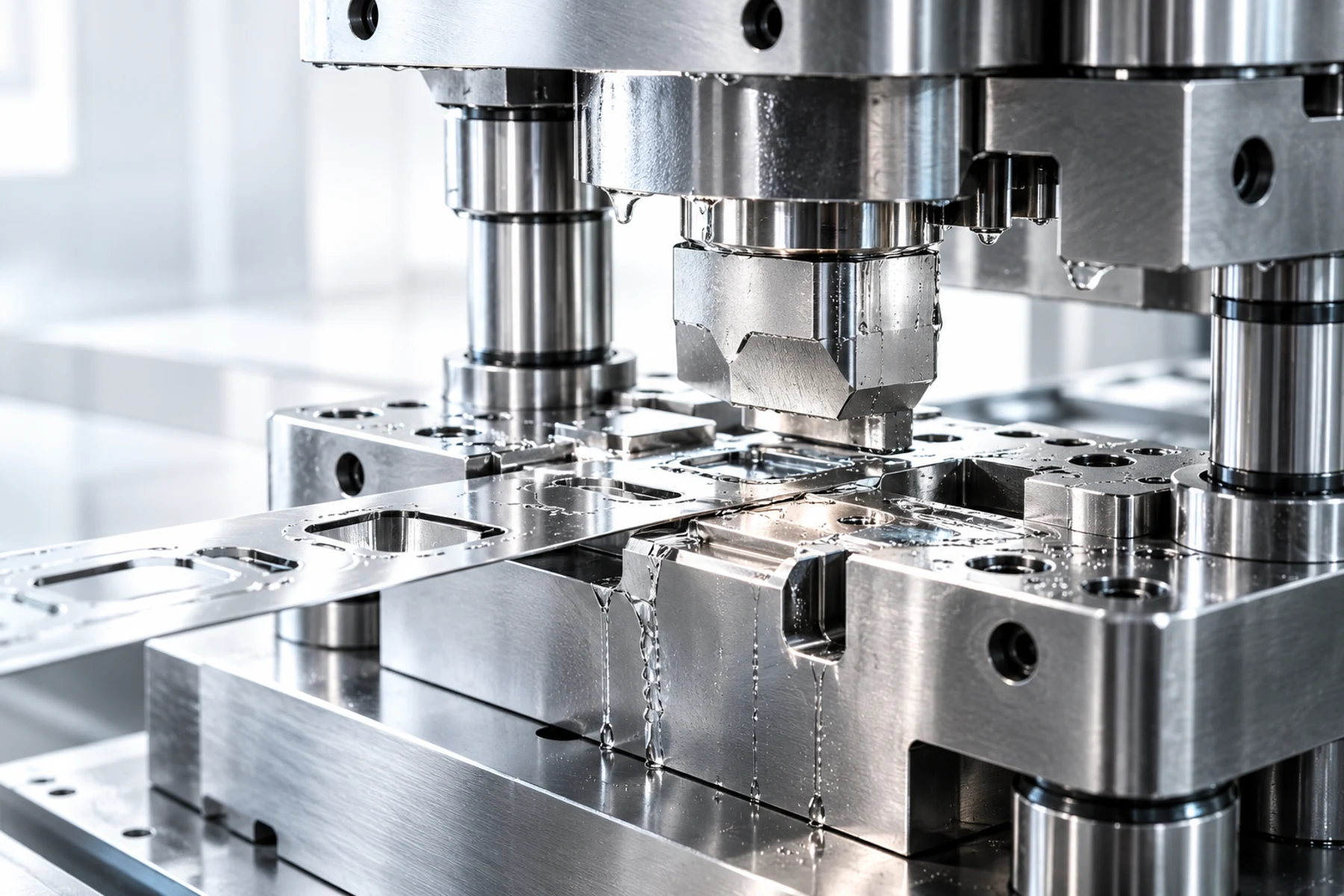 Illustrative Makroaufnahme eines Stanzwerkzeugs mit Schmiermittel auf der Metalloberfläche